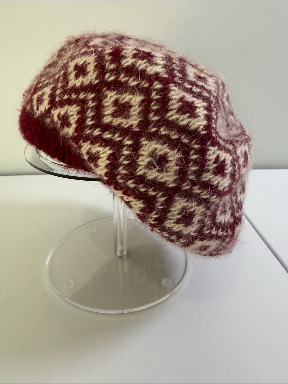 Rare Vintage 80s Kangol Design Geometric Knit Mohair Blend Beret Hat- Made in UK